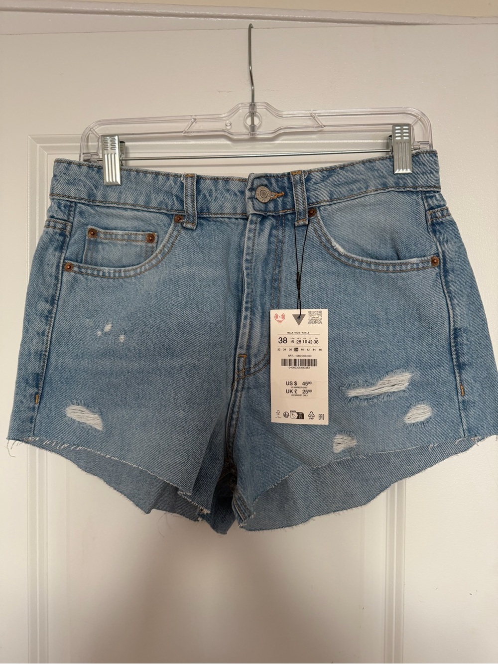 Zara Light Blue Distressed Denim Shorts